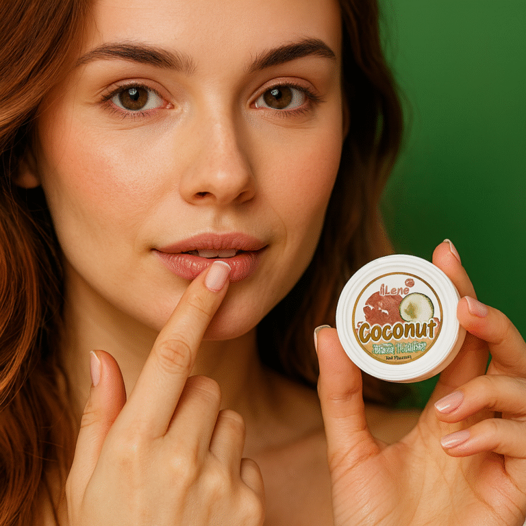 Woman applying natural coconut lip balm with her finger while holding the iLene Coconut Lip Care round container.