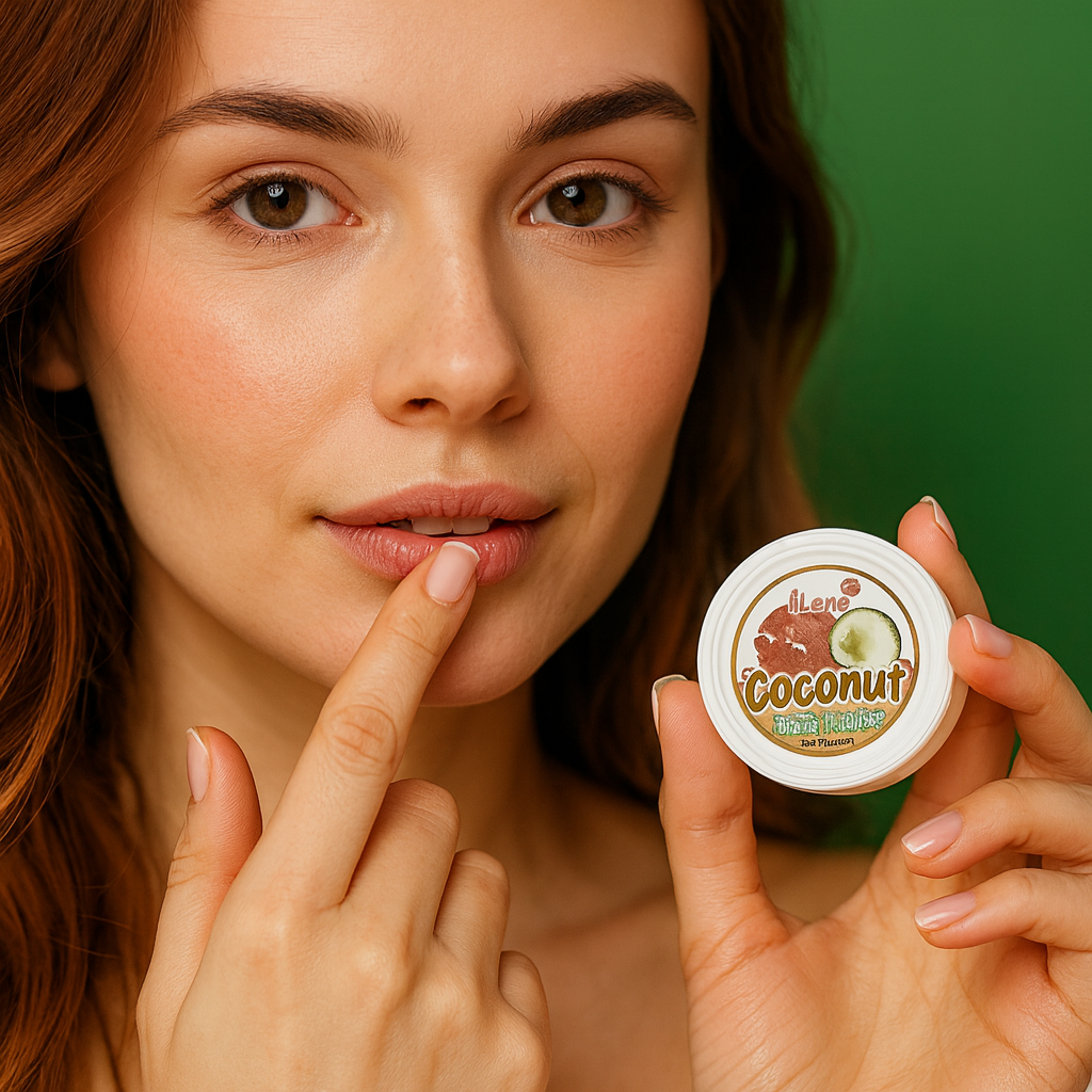 Woman applying natural coconut lip balm with her finger while holding the iLene Coconut Lip Care round container.
