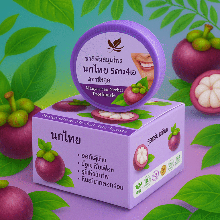 Mangosteen herbal toothpaste box and container with tropical mangosteen fruit.
