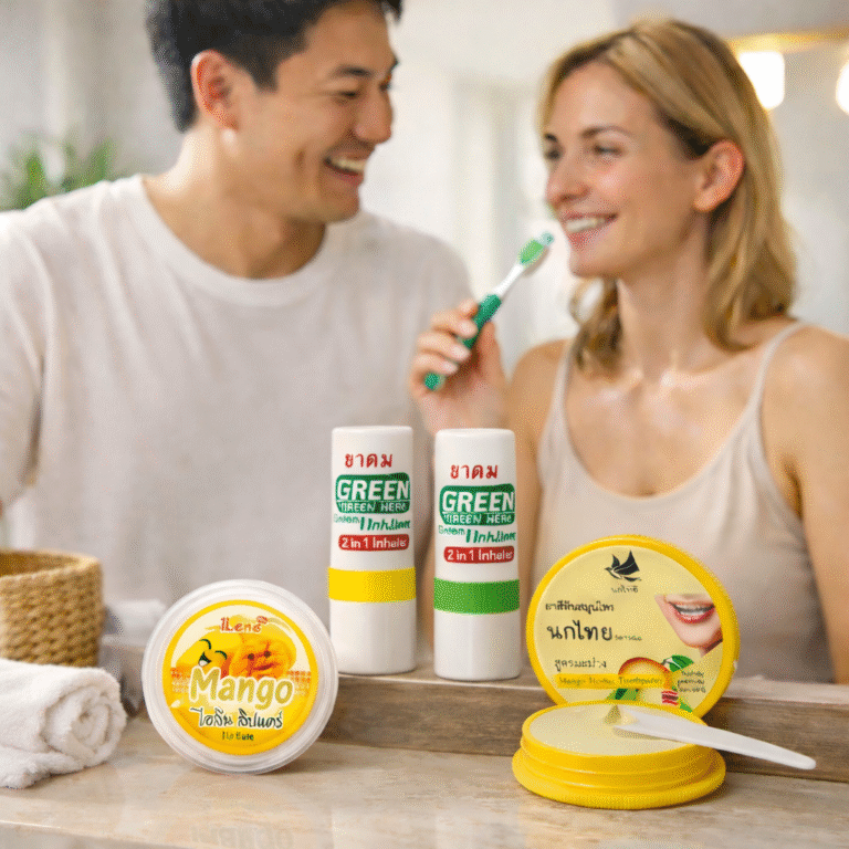 A couple standing in a bathroom using Thai natural wellness products, including Green Herb inhalers, Mango lip care, and Mango herbal toothpaste, as part of a minimal household cosmetics routine.