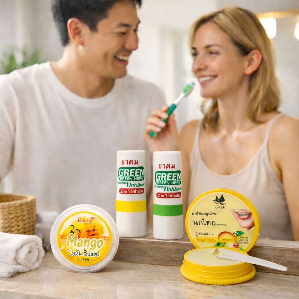 A couple standing in a bathroom using Thai natural wellness products, including Green Herb inhalers, Mango lip care, and Mango herbal toothpaste, as part of a minimal household cosmetics routine.