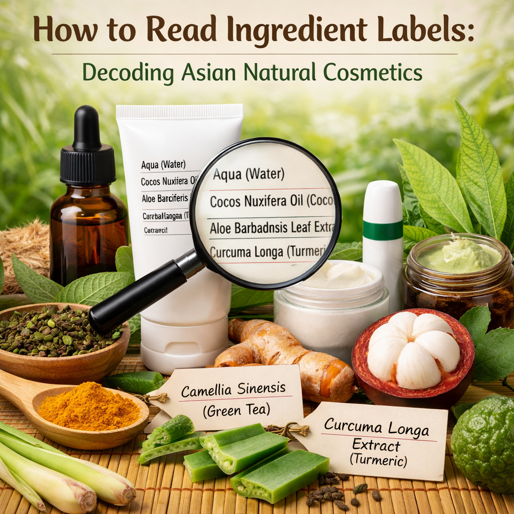 How to Read Ingredient Labels graphic with Asian natural cosmetics such as herbal oils, mangosteen, turmeric, and skincare containers.